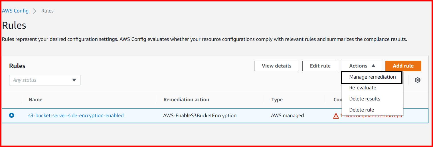 Picture showing the Manage remediation menu for non-compliance remediation